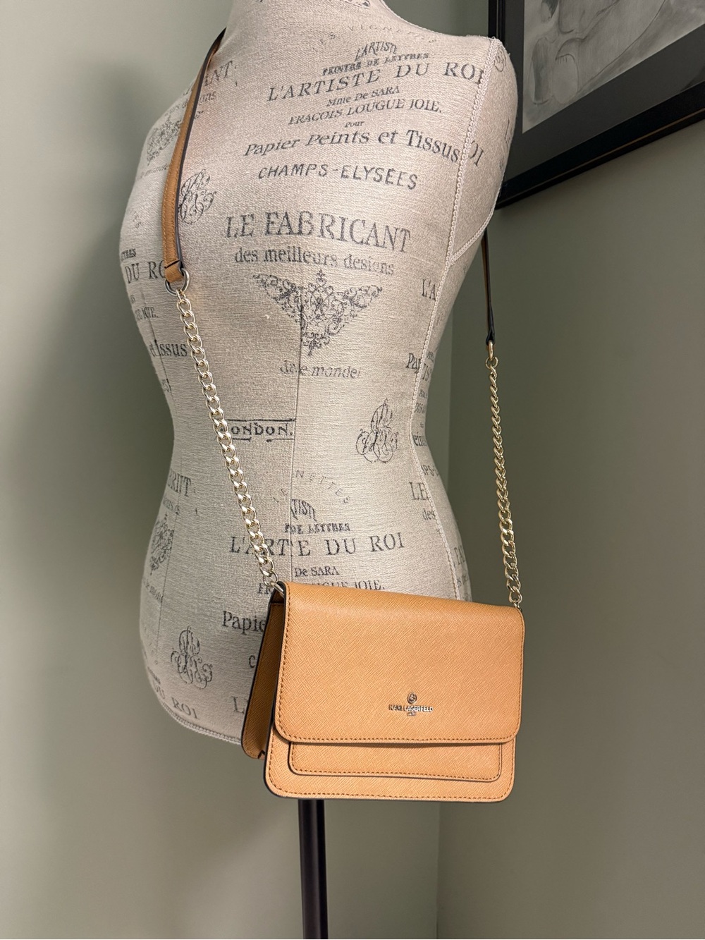 Classic Designer Karl Lagerfeld Paris Crossbody Bag, Gold-Tone & Leather Strap